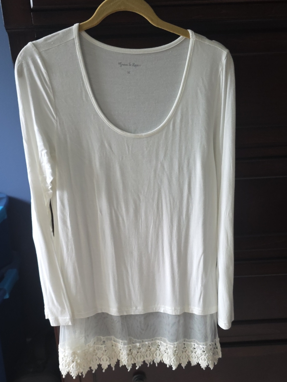 Grace & Lace Cream Long Sleeve Scoop Neck Top with Lace Trim